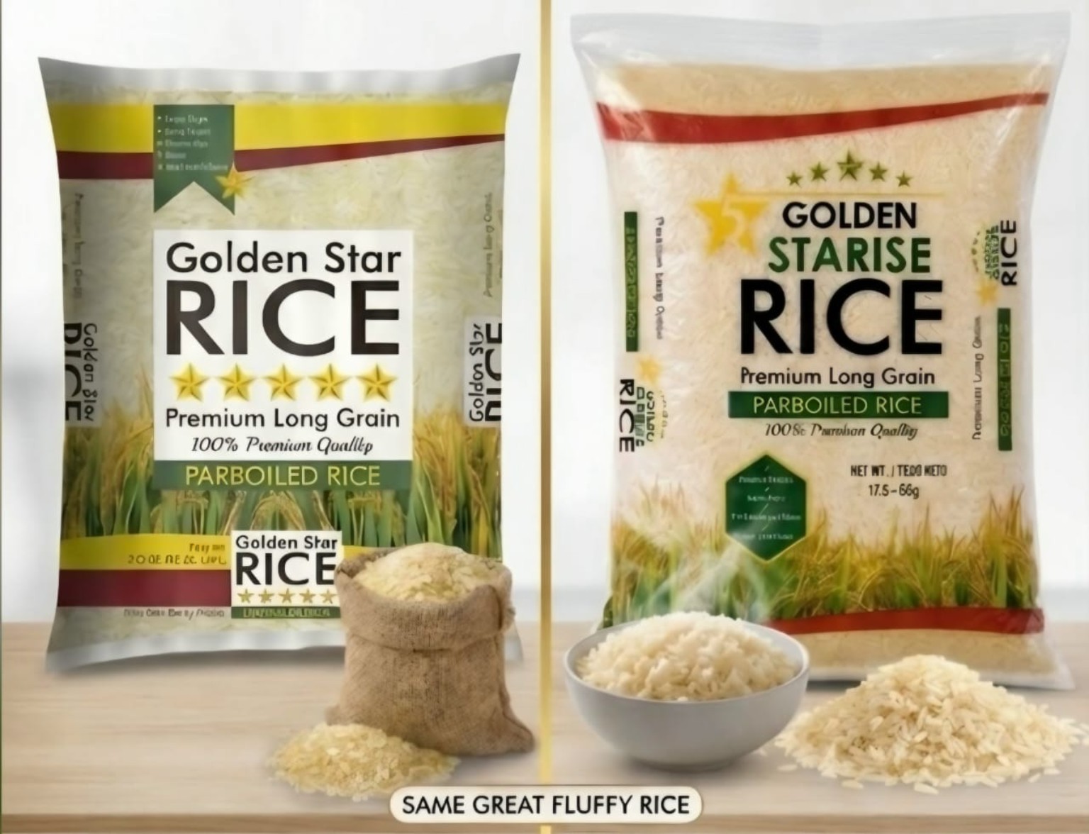 Golden Star Rice and 5 Golden Starise packaging shown side by side