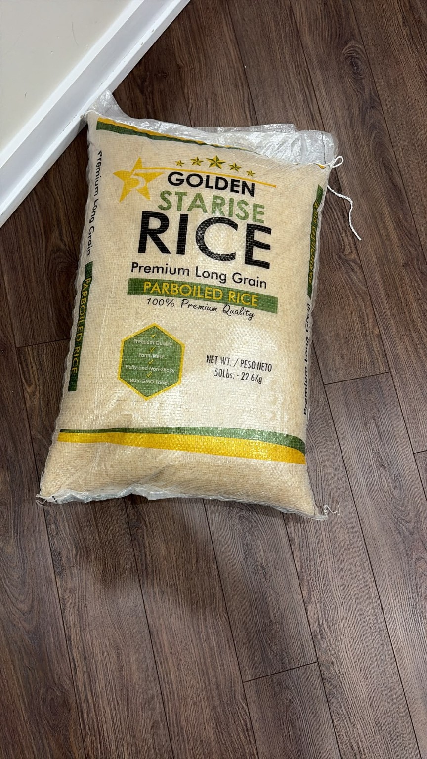 A 50 lb Golden Starise long-grain parboiled rice bag